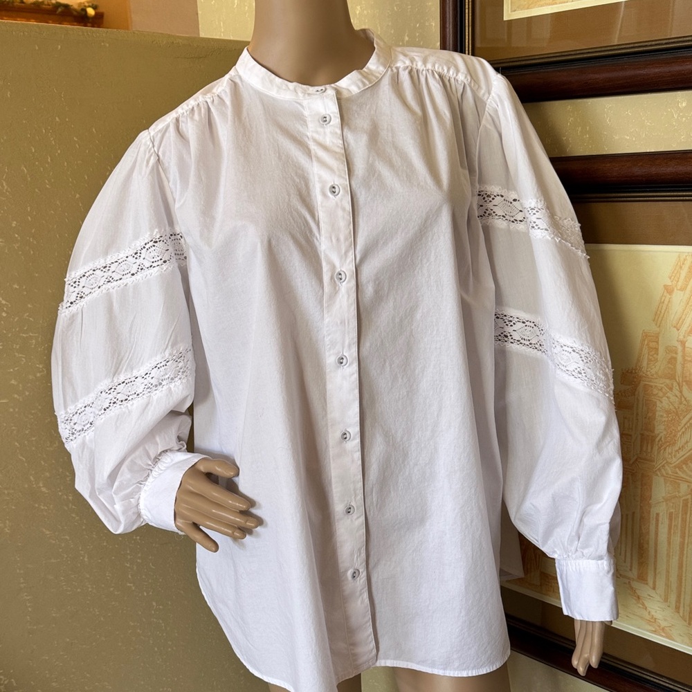 Lane Bryant White Button-Front Blouse with Lace-Trim Balloon Sleeves